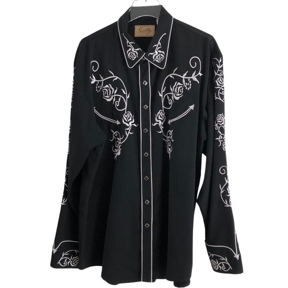 Scully Mens Western Snap Front Black White Embroidered Floral XL - Picture 3 of 11